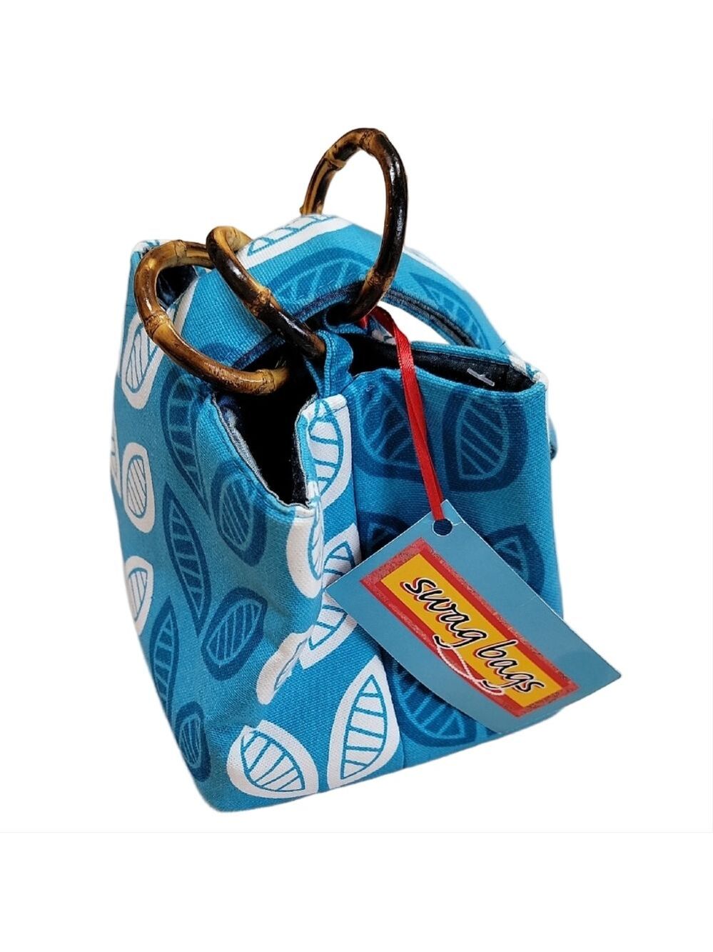Turquoise Leaf Print Mini Handcrafted Wrist Swag Bag with Bamboo Trio Handle NWT
